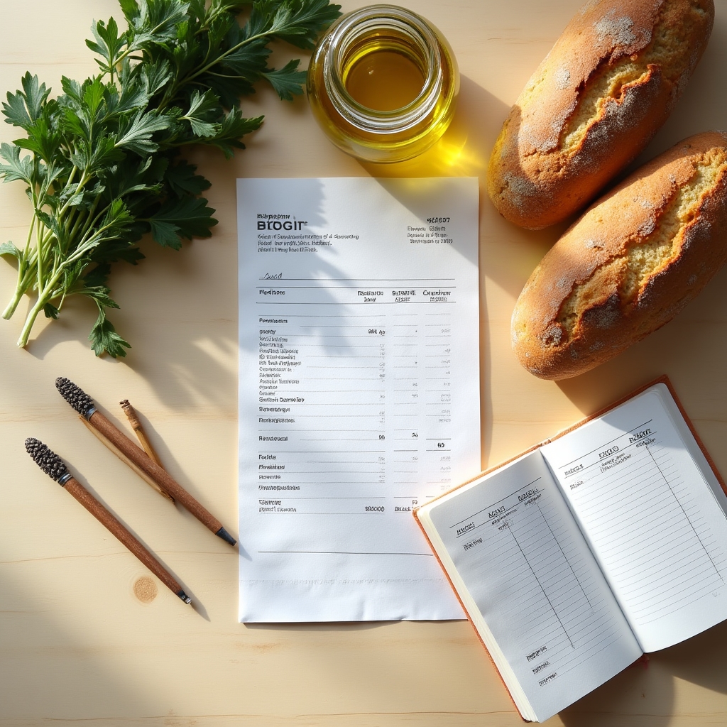 Overhead view of a grocery receipt and food items on a kitchen counter