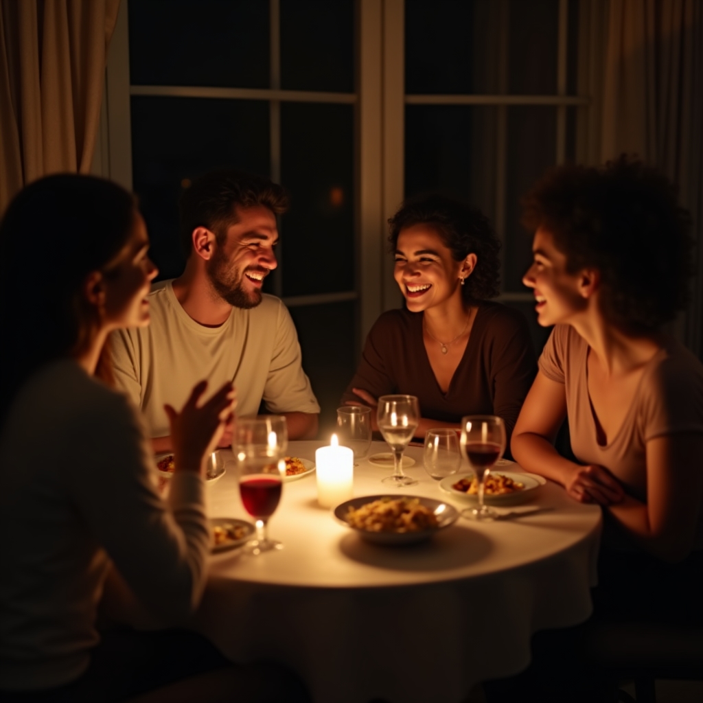 Small group of friends at a casual gathering around a table with food and drinks in warm lighting