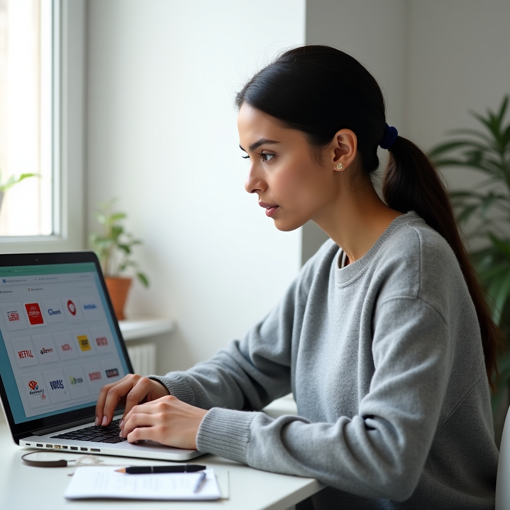 Person reviewing digital subscription services on a laptop in a modern minimal workspace